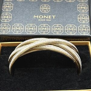 Monet Bangle Bracelet Size 7.5 Faux Druzy‎ Inlay 5 Linked Bands Gold Tone w/ Box